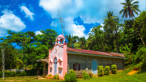 Photography Pink Spanish Catholic Church in the jungle provinces of hte Philippines - Catand