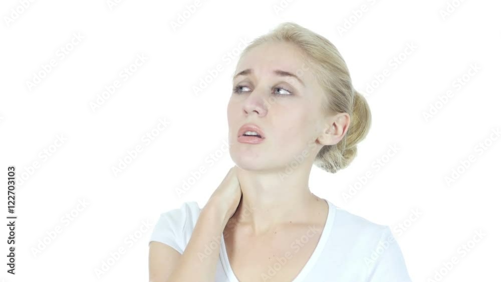 Neck pain ,Woman Suffering from Pain In Neck , White Background Neck pain ,Woman Suffering from Pain In Neck , White Background