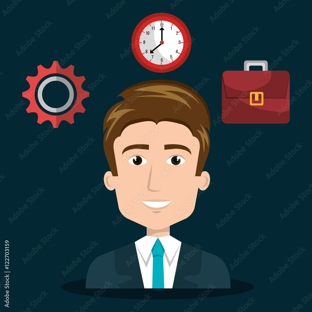 avatar businessman wearing suit and tie with efficient time management icons. vector illustration avatar businessman wearing suit and tie with efficient time management icons. vector illustration