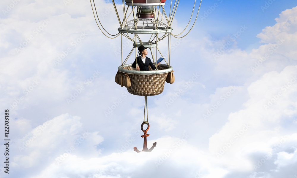 Woman traveling in aerostat . Mixed media Woman traveling in aerostat . Mixed media