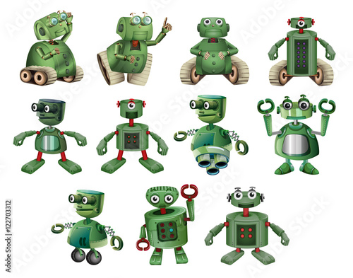 Photo Green robots in different actions
