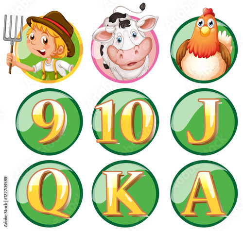 Farmer and animals on round badge