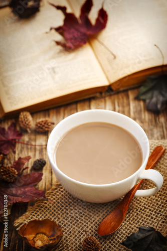 Autumn composition with cup of hot chocolate and book.