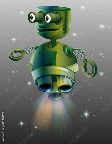 Green robot flying in the space