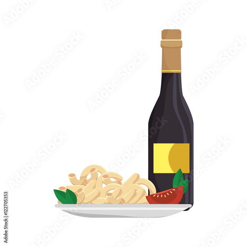 macaroni cheese gourmet plate with wine bottle drink. vector illustration