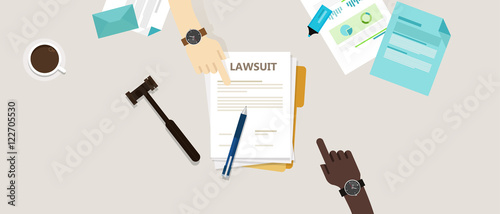 lawsuit paper hands pen gavel on desk