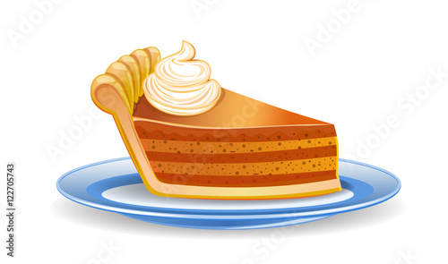 Pumpkin pie slice. Piece of pie on a plate. Vector illustration isolated on white background