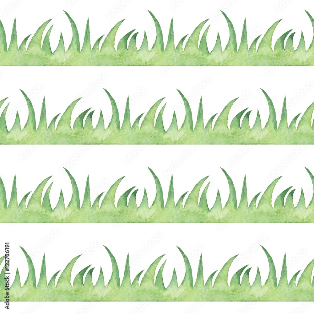 Seamless border with grass. Watercolor painting.  Element for design, Isolated on white