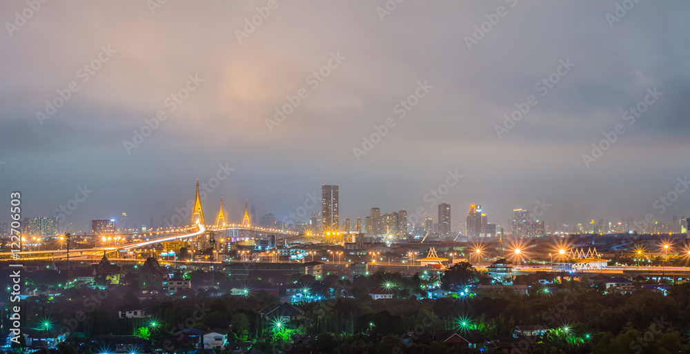Bangkok cityscape, Bhumibol Bridge View at twilight, thailand