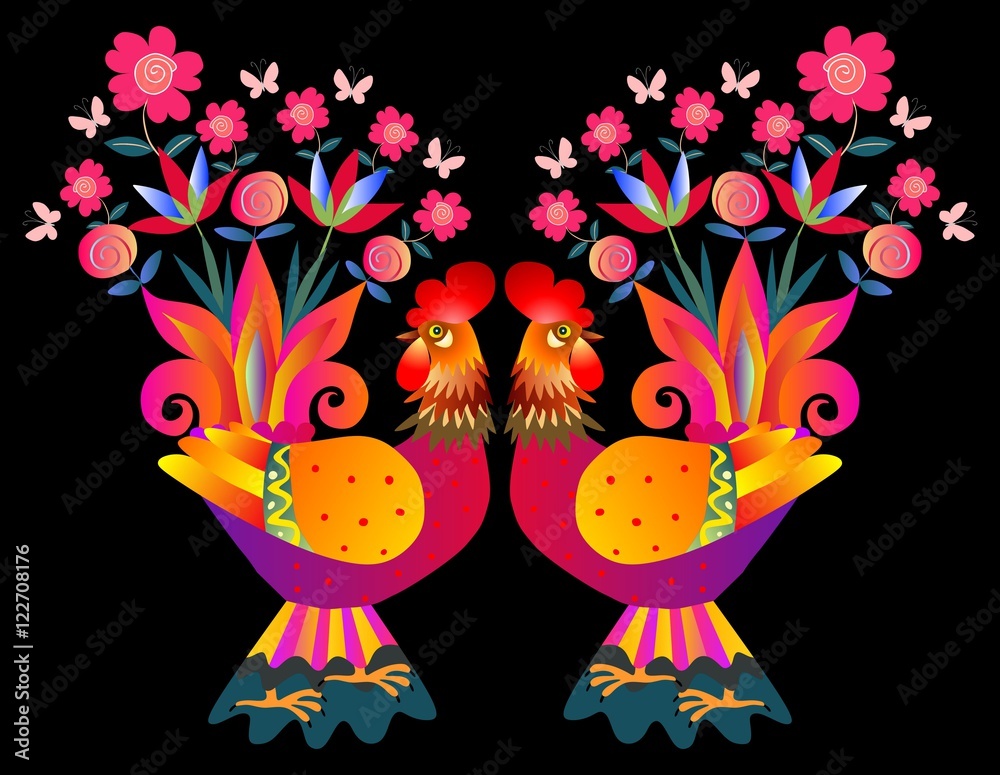 Two bright colorful cockerels - Vases with flowers. Beautiful card with bright birds on black background. Chinese symbol of 2017 - Year of the rooster.