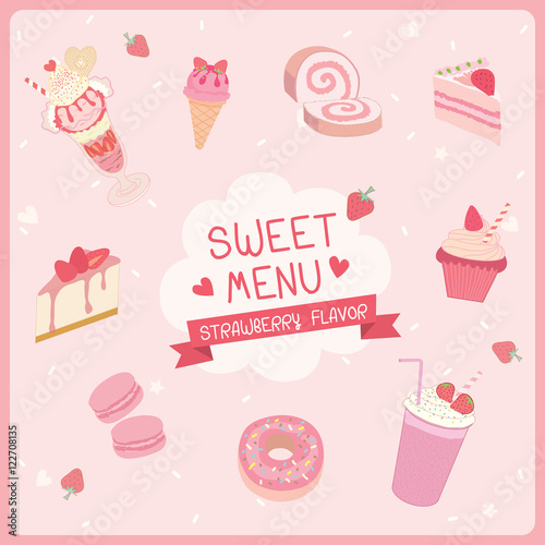 Strawberry flavour of sweet dessert menu for restaurant and cafe shop.Pink pastel colors.Illustration vector.