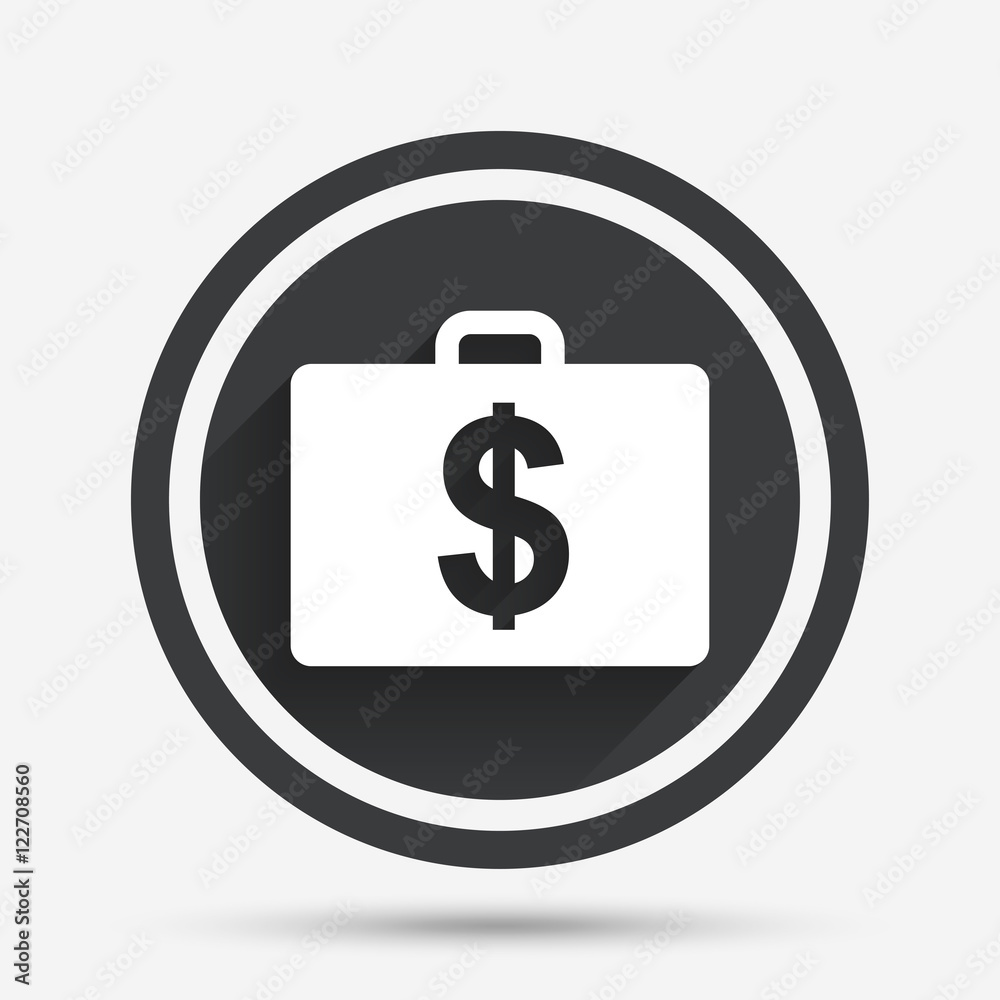 Case with Dollars USD sign. Briefcase button. Case with Dollars USD sign. Briefcase button.