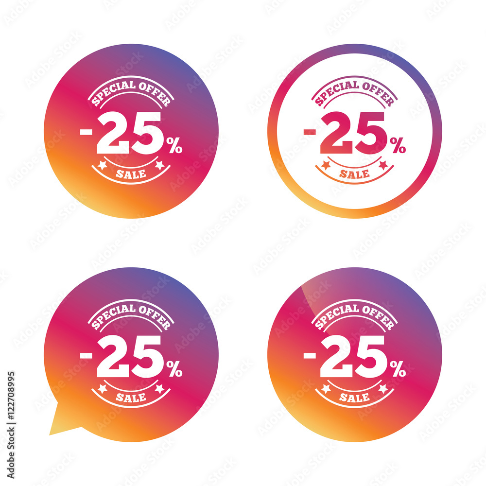 25 percent discount sign icon. Sale symbol. 25 percent discount sign icon. Sale symbol.
