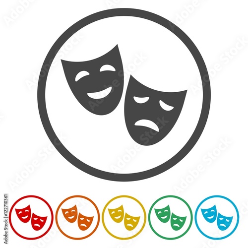Theater icon in circle with happy and sad mask . Vector illustration