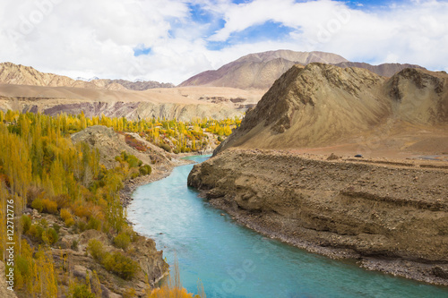 Himalayan landscape in Himalayas Mountain with river and blue sky , Leh Ladakh