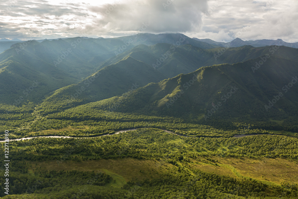 Obraz premium Kronotsky Nature Reserve on Kamchatka Peninsula. View from helicopter.