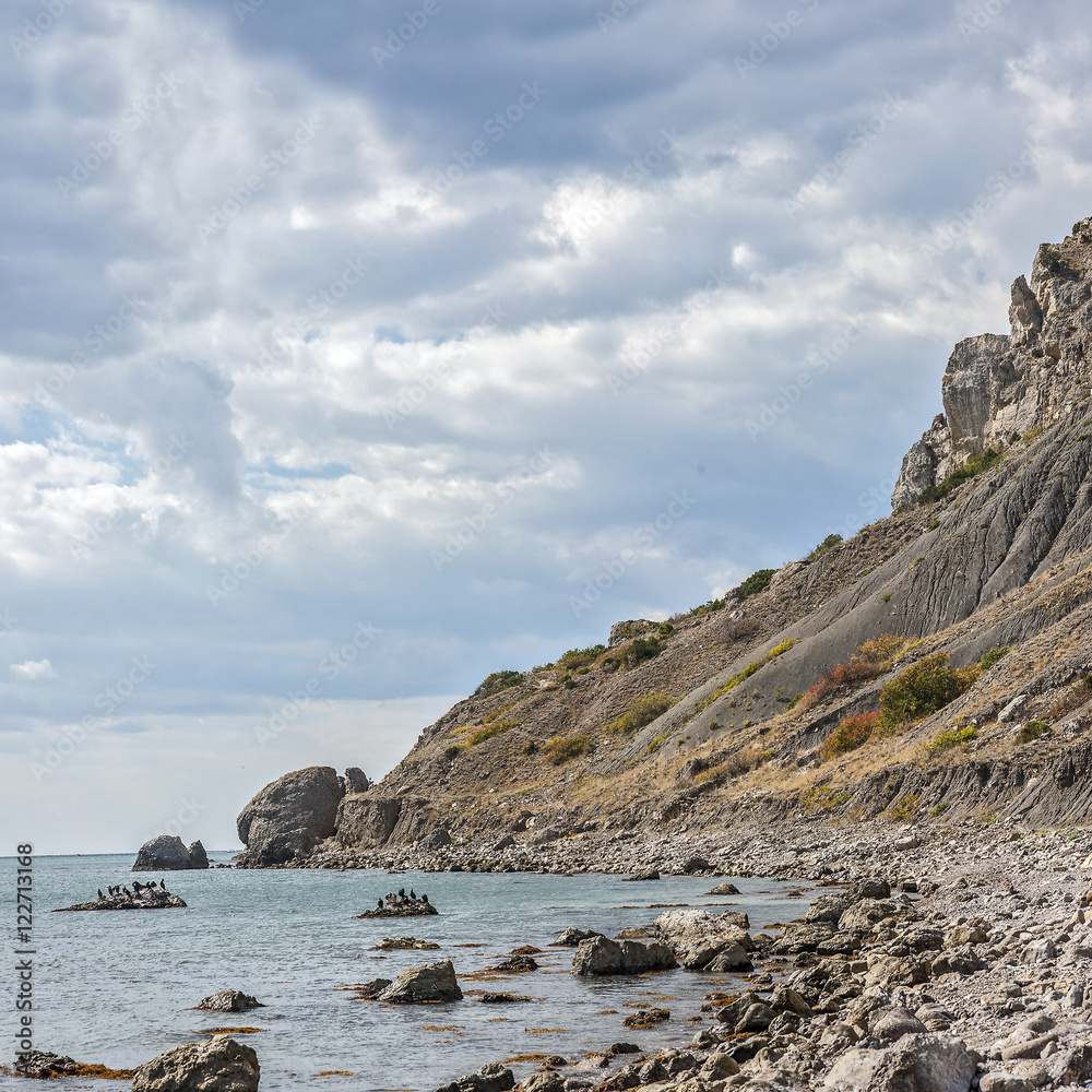 Russia, peninsula of Crimea, near Sudak. Mountain and Cape Alchak-Kaya, Kapsel bay.