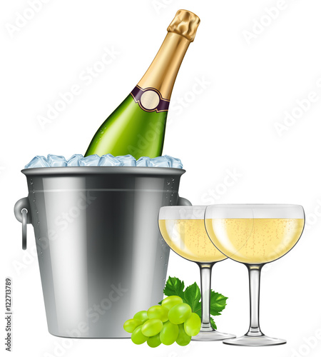 Champagne bottle in an ice bucket with two champagne Coupe type glasses and grapes. Vector illustration.