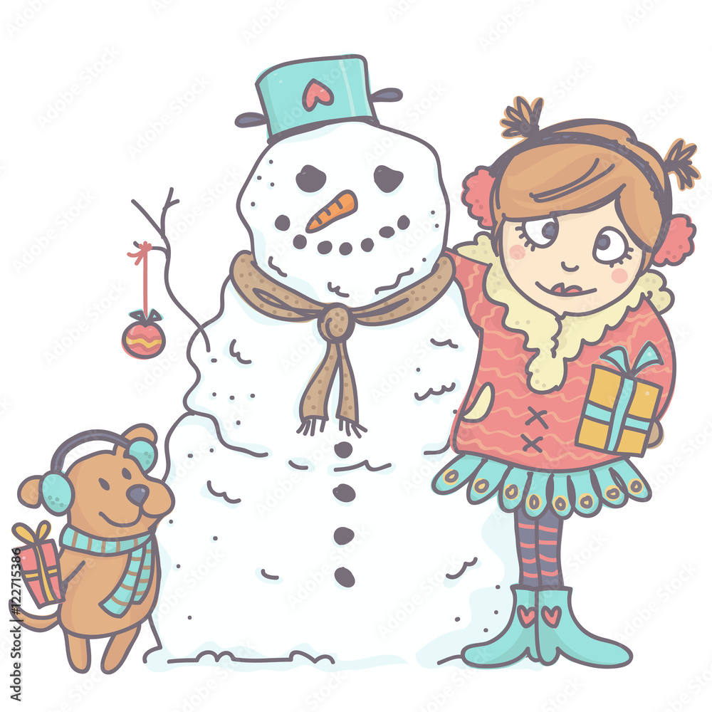 Snowman, girl and dog in winter clothing hugging each other and holding gifts.