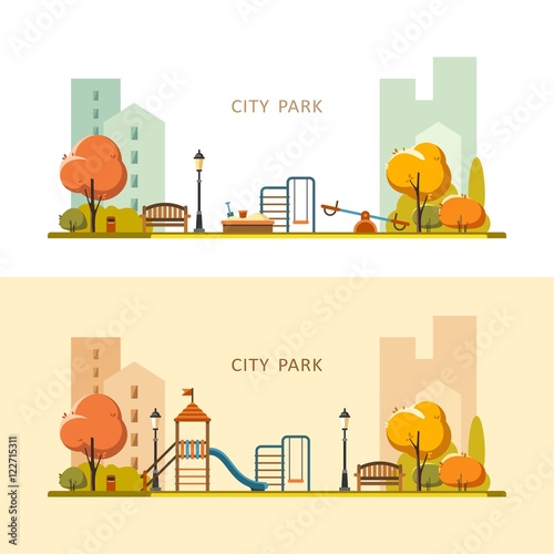 Public park in the City. Autumn. Vector illustration.