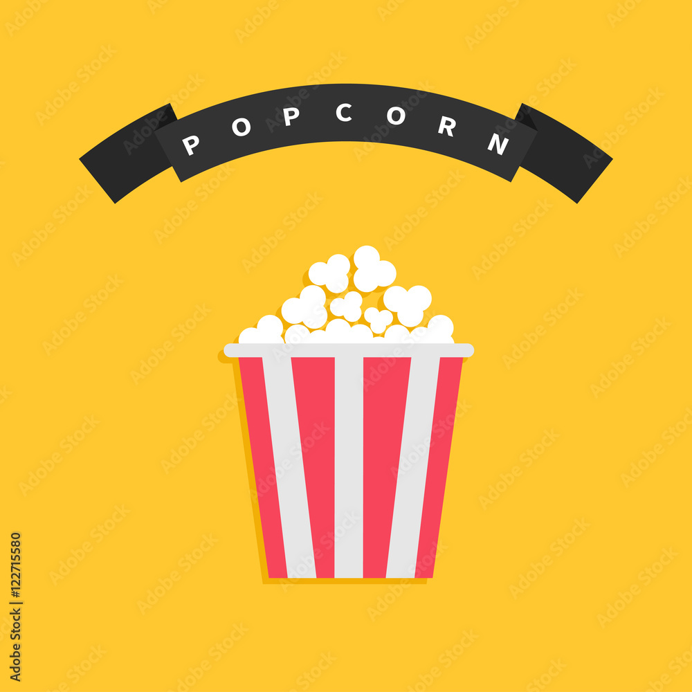 Popcorn. Big round wave black ribbon line with text. Red white box. Cinema movie night icon in flat design style. Yellow background.