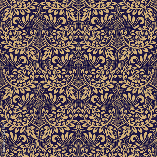Damask seamless pattern repeating background. Blue beige floral ornament in baroque style. Antique repeatable wallpaper design.