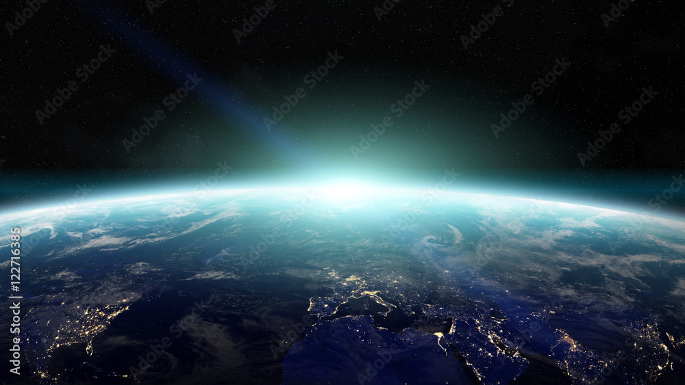 Fototapeta premium Sunrise over planet Earth in space 3D rendering elements of this