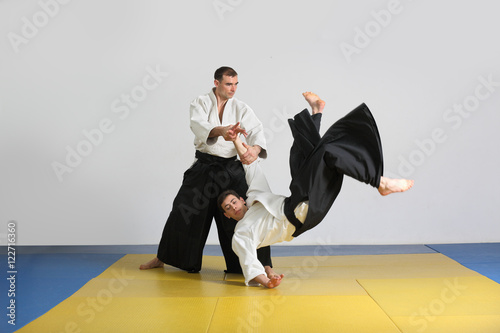 The martial art of Aikido. two men demonstrate the techniques of