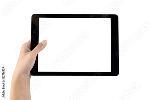 Hand holding tablet blank screen. Woman hand using tablet isolat