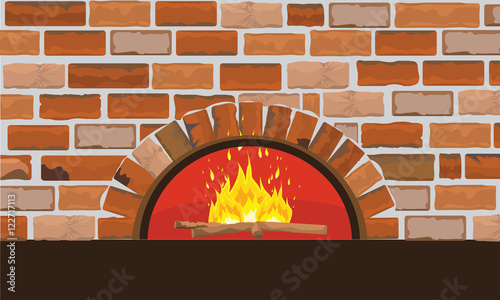 Firewood oven on brick wall. Flat and solid color design