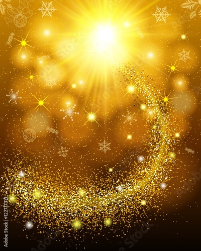 Abstract gold background. Gold star Lola up and crumbly tail sparkling sequins. Design template invitation, holiday, new year, Christmas. Fashionable modern vector illustration