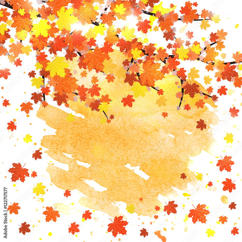 Autumn banner template with blank space for your text. Seasonal fall poster with colorful leaves on abstract watercolor background. Vector illustration.