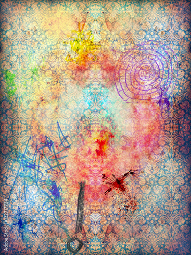Collage e graffiti con patchwork di macchie colorate e psichedeliche