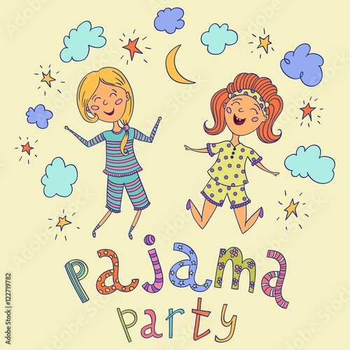 Pajama party. Funny kids and hand drawn lettering with stars  crescent and clouds. Cartoon characters. Vector illustration
