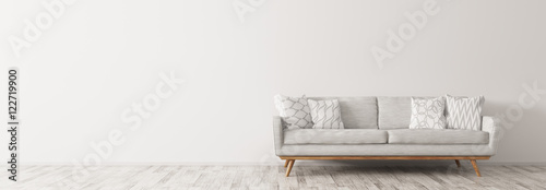 Modern interior with white sofa panorama 3d render photo