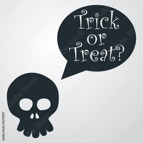 Icono plano Trick or Treat y caricatura de calavera sobre fondo degradado