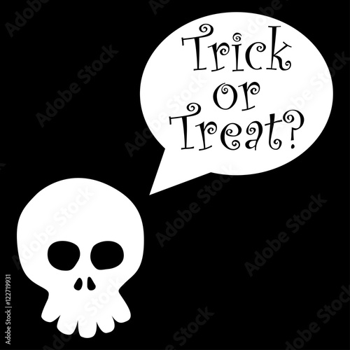 Icono plano Trick or Treat y caricatura de calavera sobre fondo negro