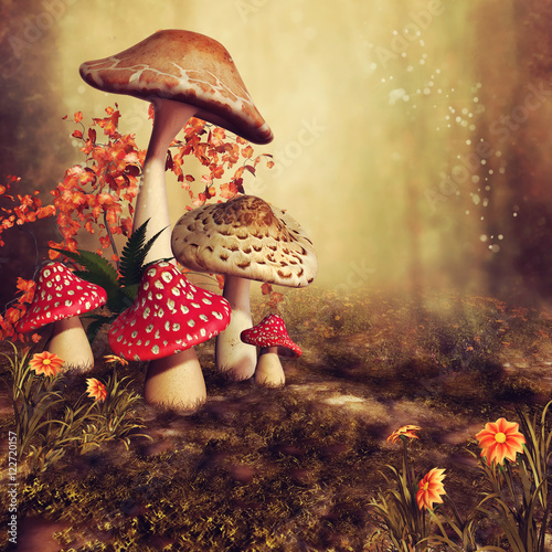 Fototapeta Jesienna sceneria z kolorowymi grzybami, kwiatami i bluszczem