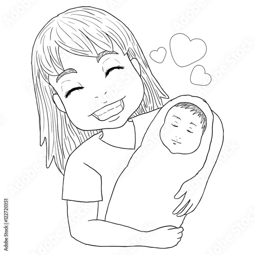 vector line art of mother and newborn baby for coloing book