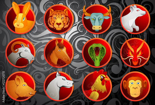 Chinese zodiac animal signs set in cartoon style with decorative background