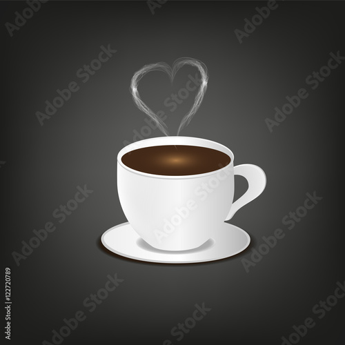 Cup of hot coffee with realistic steam in form heart. Black coffee on a saucer.  Vector