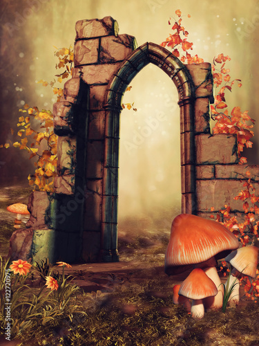 Fototapeta Ruiny bramy z grzybami, kwiatami i jesiennym bluszczem