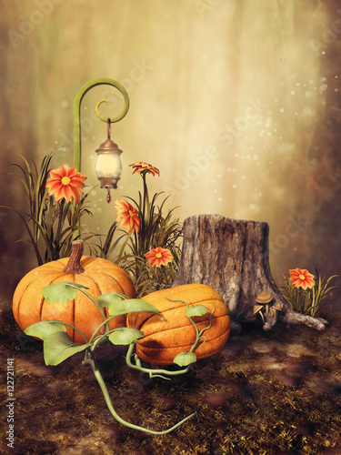 Fototapeta Jesienna sceneria z dyniami, pniem drzewa, kwiatami i magiczną latarnią