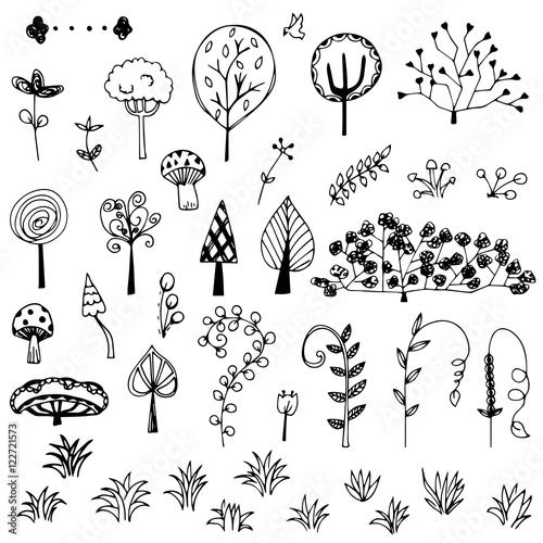 flower and tree doodle from free hand  drawing vector set