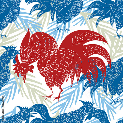 Hand drawn seamless New Year pattern. Vector illustration symbol of the year 2017 on the Chinese calendar - fire cock.