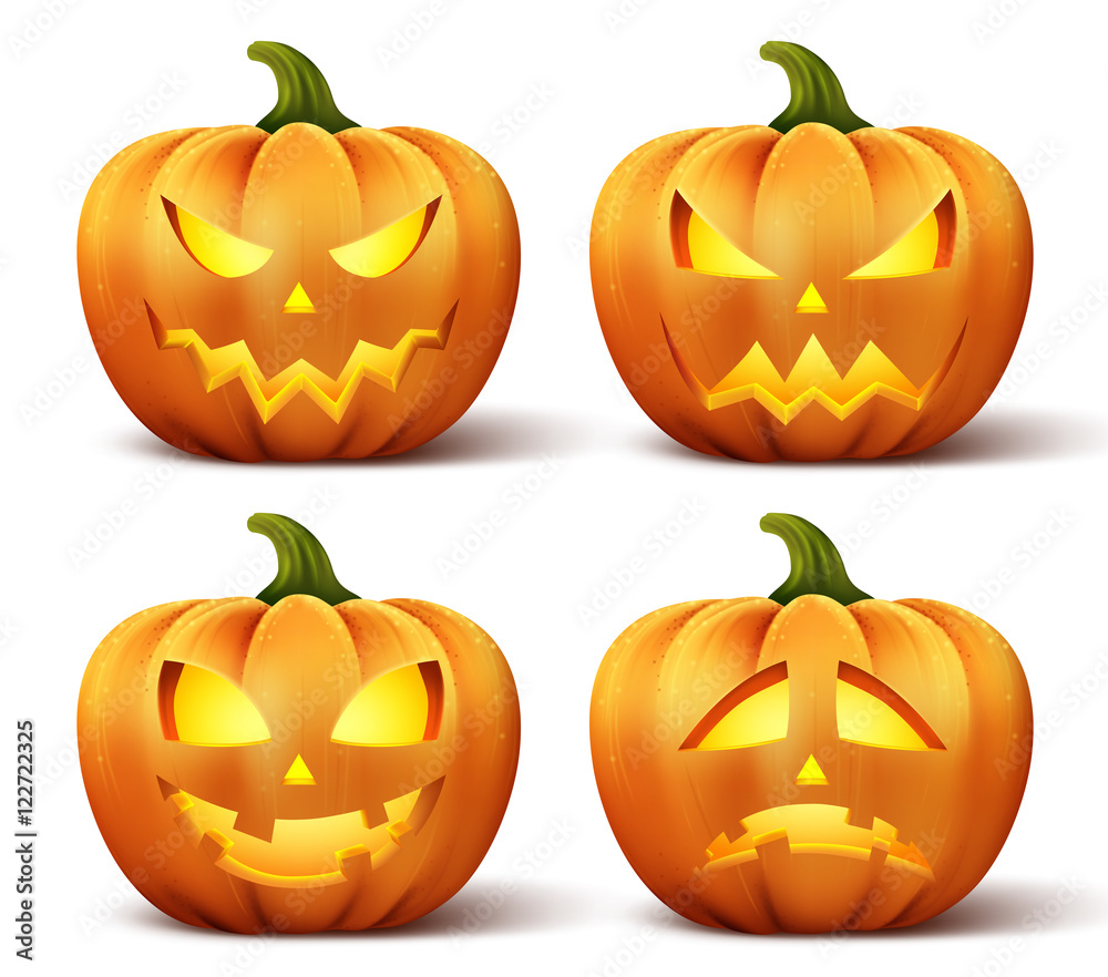 Vector pumpkins with set of different faces for halloween icons and ...