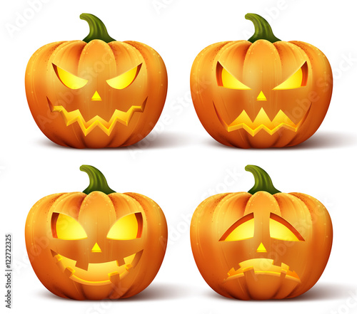 Vector pumpkins with set of different faces for halloween icons and decorations isolated in white background. Vector illustration.
