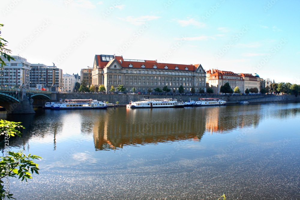 Prague, Czech Republic panorama on turist boats and Vltava river
