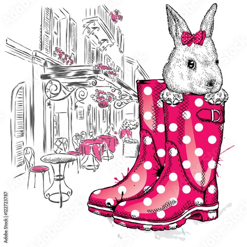Honey Bunny in a boot. Vector illustration for a card or poster, print on clothes. Fashion & Style. Cute.