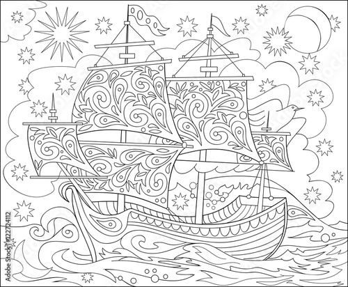 Page with black and white illustration of fantasy fairyland ship for coloring. Worksheet for children and adults. Vector image.